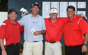 The Hooks Agency Team, the 2015 Defending champions, which included Rhett Simmons, John Dean and William Rambo took second place in the Jets Booster Club Sparky Reeves Classic Golf Tournament.  Show above (l to r) are SGTC President Sparky Reeves, Rhett Simmons, and William Rambo with SGTC Athletic Director James Frey.  Not shown is Brian Simmons.