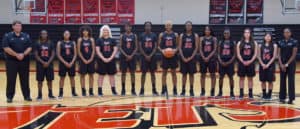 Shown above (l to r) are the 2016 – 2017 Lady Jets:  SGTC Athletic Director and Lady Jets Head Coach James Frey, Shaineequah Fluellyn, Davesha Murray, Camille Coleman, Madison Cameron, Houlfat Mahouchiza, Esther Adenike, Desiree Corbin, Sceret Ethridge, La’Deja James, Trakyra Kidd, Marina Balaguer, Kanna Suzuki and Assistant Coach Kezia Conyers.