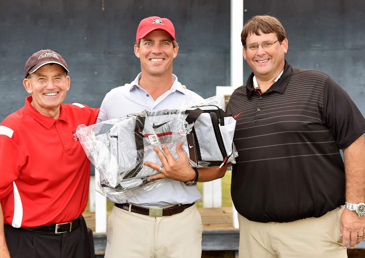 The Hooks Agency Team, the 2015 champions, which included Rhett Simmons, William Rambo, and Brian Simmons took second place in the Jets Booster Club Sparky Reeves Classic Golf Tournament. Show above (l to r) are SGTC President Emeritus Sparky Reeves, Brian Simmons, and SGTC Athletic Director James Frey.