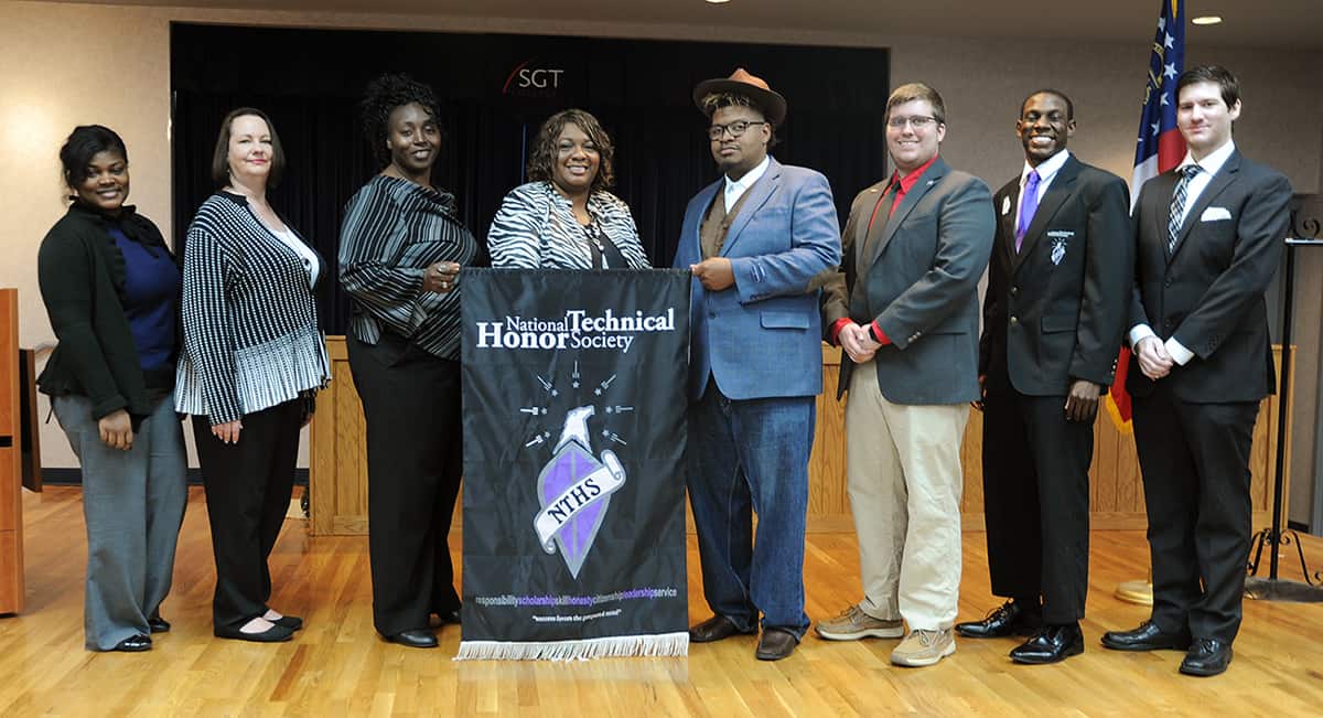 Black History Month program committee members and contributors are pictured in the SGTC Crisp County Center LaPorte Auditorium after the recent program. From left to right: NTHS Advisors Katrice Taylor and Kari Bodrey, NTHS member Felicia Young, keynote speaker Mia Collier, NTHS member Dontavious Harrell, NTHS member Joshua Chappell, NTHS President and State Officer Christian Powell, and NTHS Vice President Dakota Hall.