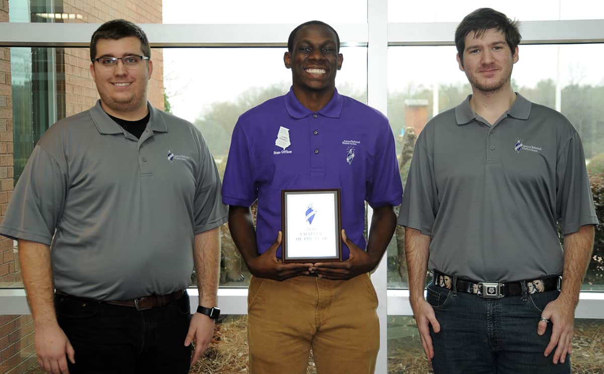 SGTC’s Cordele campus chapter of the National Technical Honor Society took home the Chapter of the Year award from the recent NTHS/GSGA Winter Conference. Chapter members (L to R) Joshua Chappell, Christian Powell and Dakota Hall stand with their award plaque.