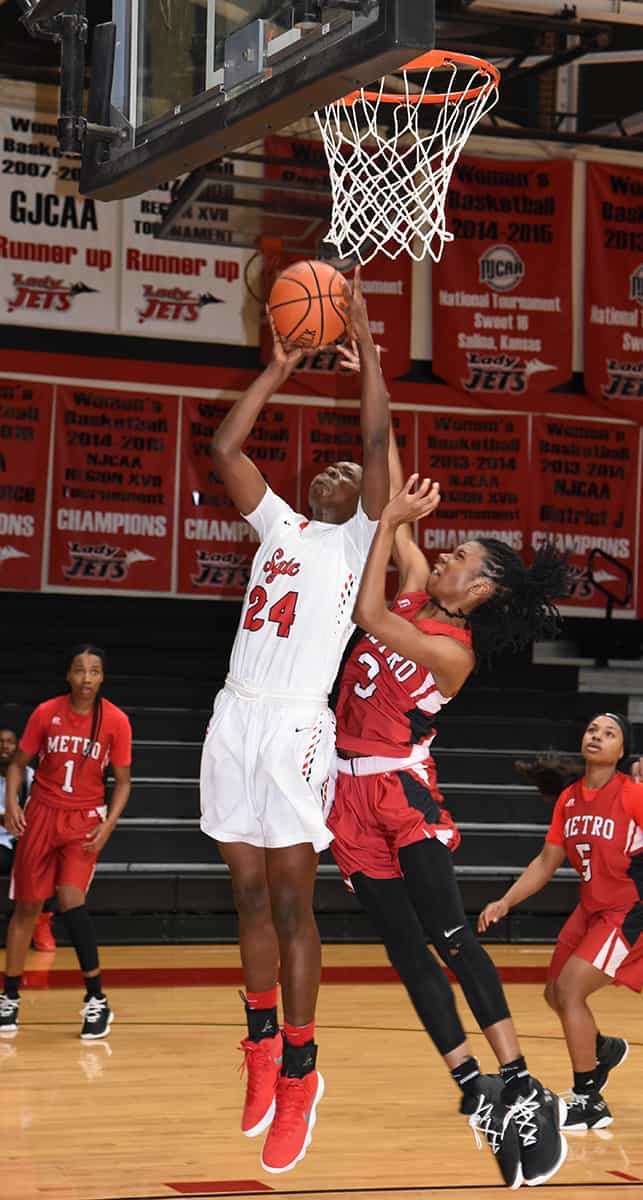 Lady Jets Esther Adenike (24) is shown above. She had a double-double against Atlanta Metro with 18 points and 14 rebounds.