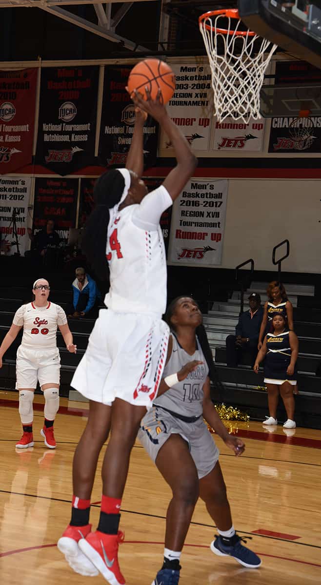 Lady Jets Esther Adenike (24) is shown above. She had 21 points against Andrew College to help the Lady Jets clinch their 3rd consecutive GCAA title.