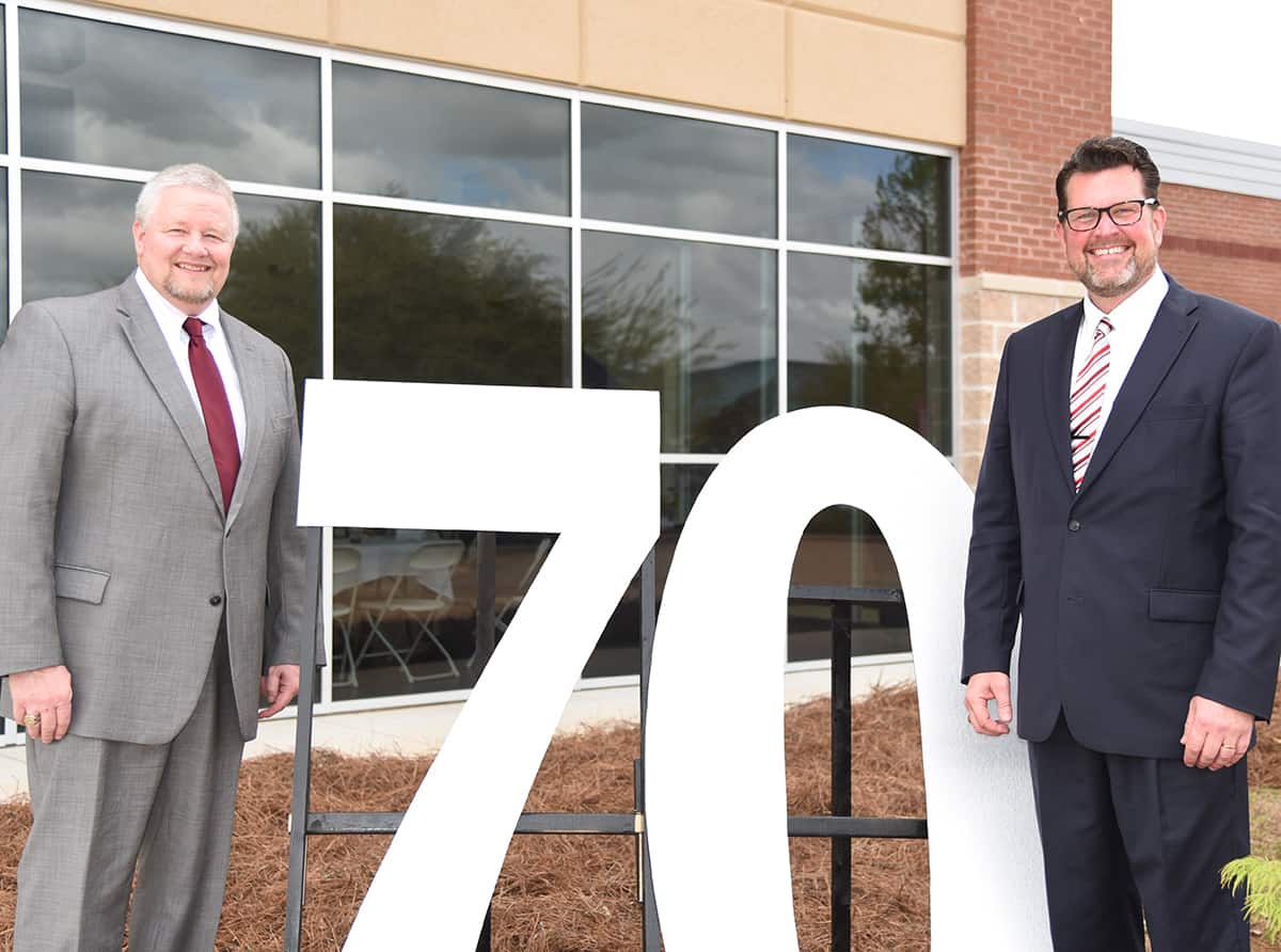 TCSG Commissioner Matt Arthur is shown above with SGTC President Dr. John Watford in front of the large 70 symbolizing the college’s 70th anniversary celebration.