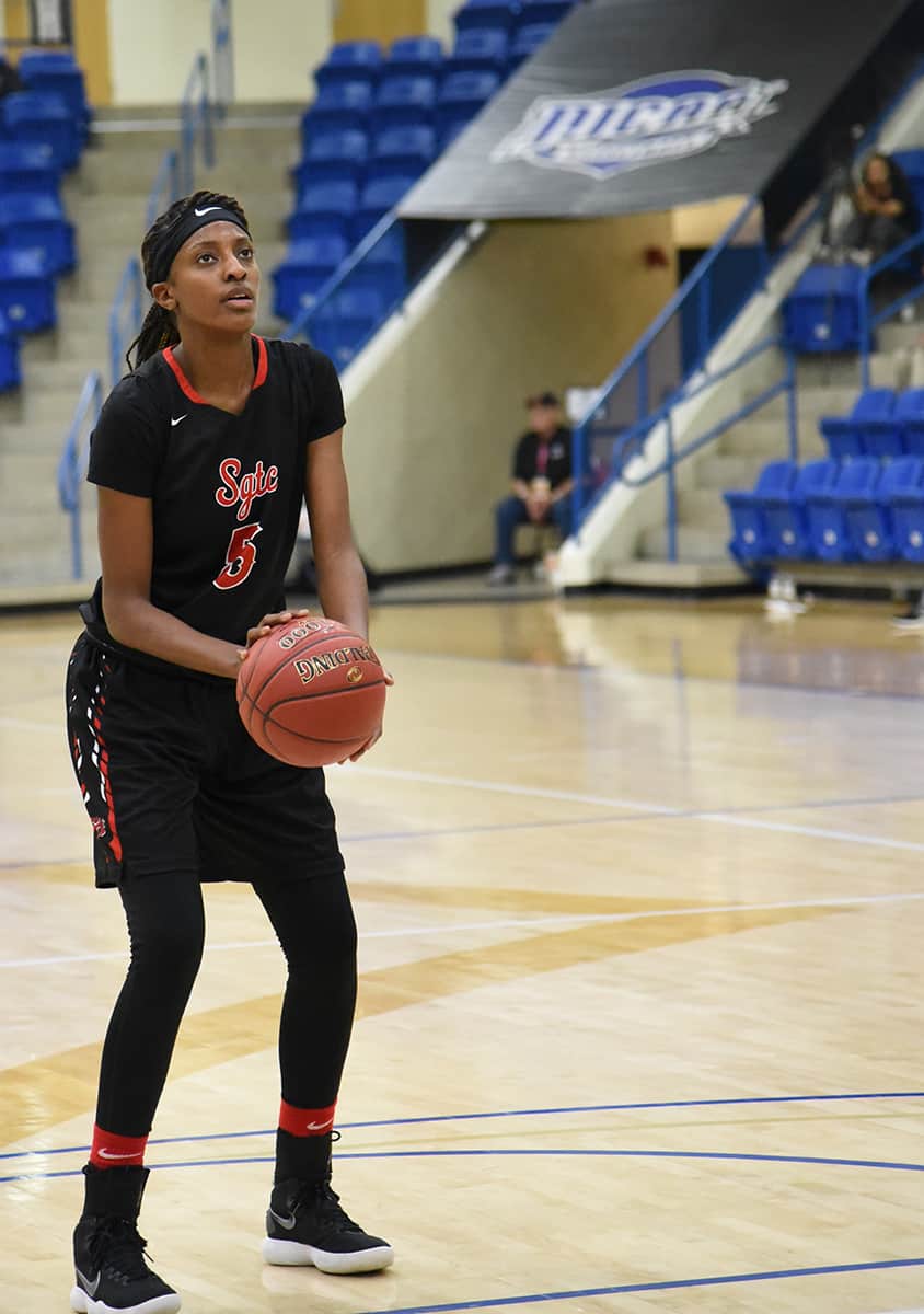 Houlfat Mahouchiza, 5, is shown making a free throw in the NJCAA National Tournament Sweet Sixteen round against Seward County.