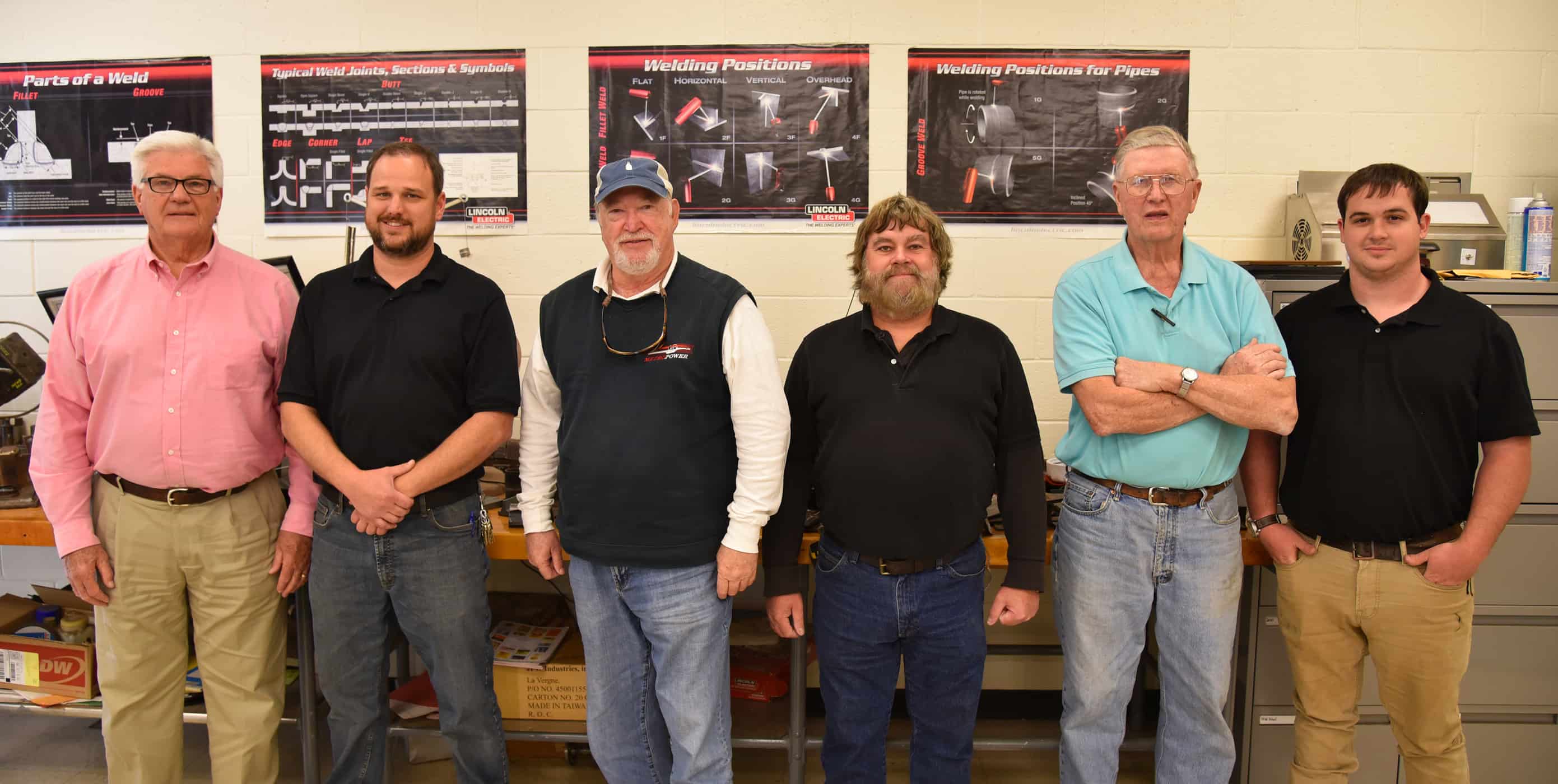South Georgia Technical College’s Welding Advisory Committee stands in the welding classroom before their semi-annual meeting. Members from left to right are Raymond Holt, Ted Eschmann, Steve Barrett, Wayne Parker, Don Smith and Gray Rowe.