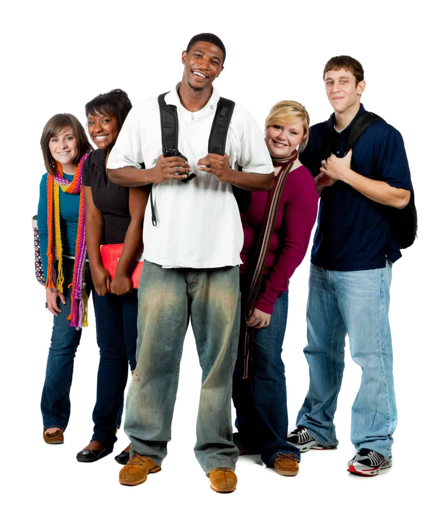 A group of happy college students holding backpacks