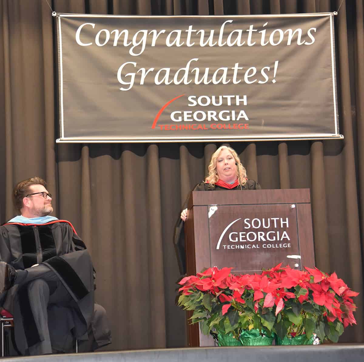 South Georgia Technical College Criminal Justice Instructor and 2018 Instructor of the Year, Teresa McCook, is shown above delivering the key note address at the SGTC Fall 2018 Graduation ceremony.