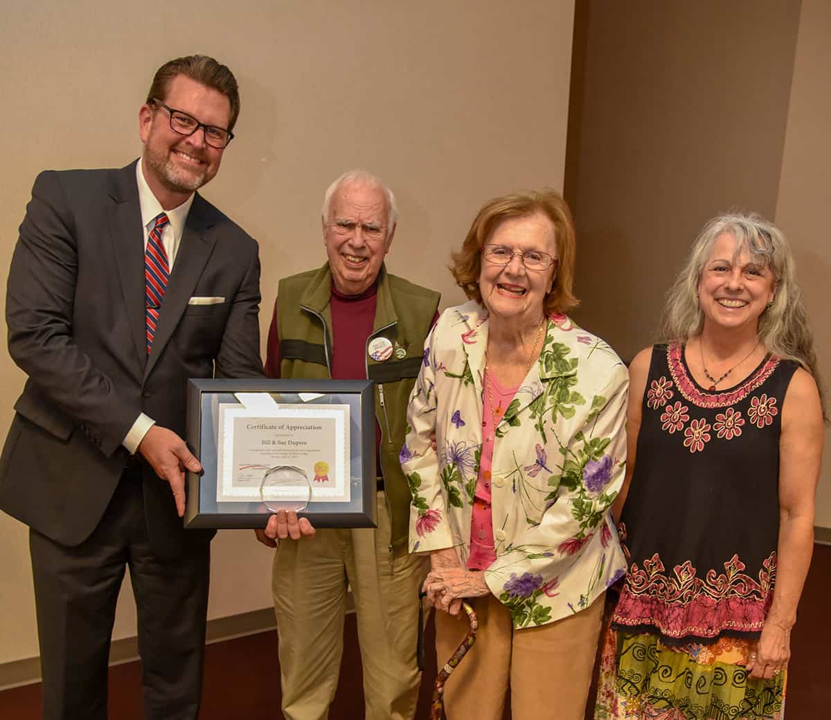 Rev. Bill and Sue Dupree endowed their third endowed scholarship at South Georgia Technical College and Dr. John Watford is shown above with the Dupree’s and their daughter Mary Lynn.