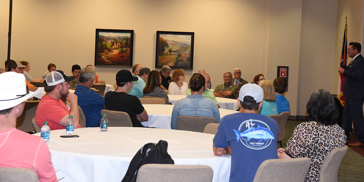 South Georgia Technical College President Dr. John Watford is shown talking to the nearly 150 individuals that were involved in the SGTC-Caterpillar Orientation/Registration Day for Fall Semester 2019.