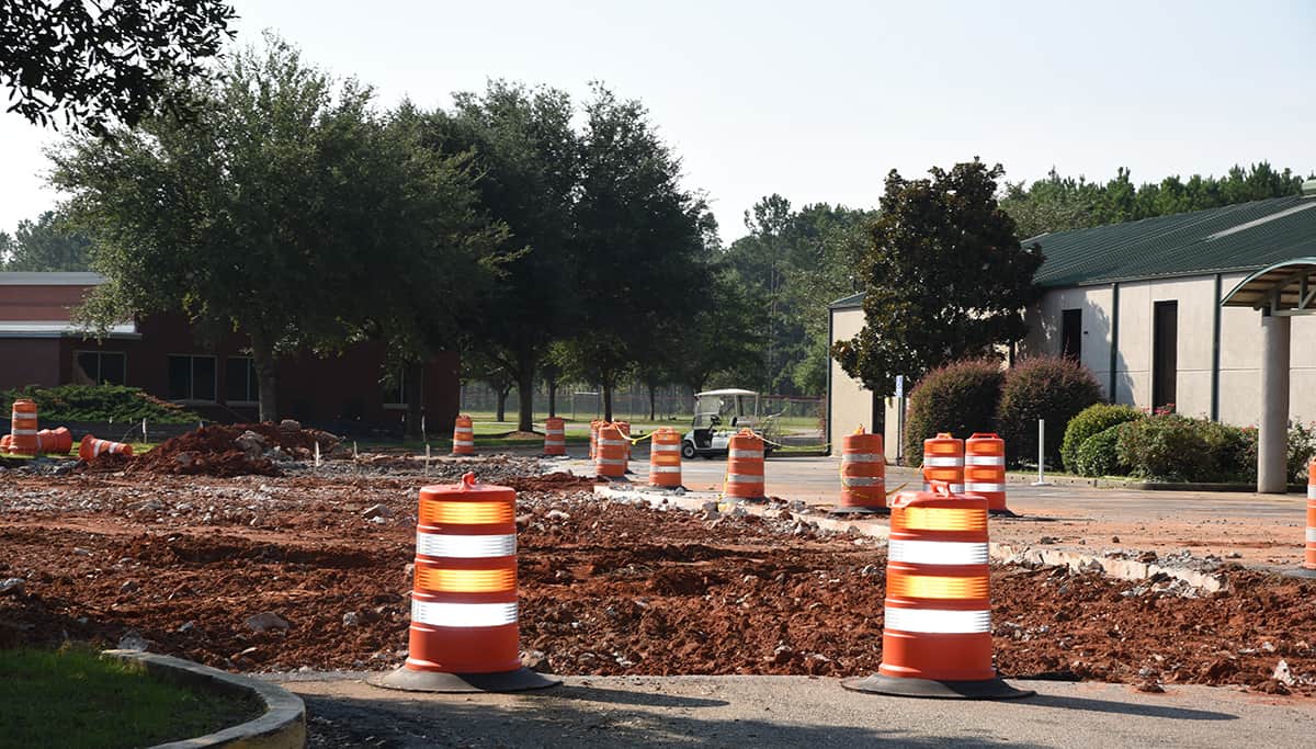 The front in front of the Energy and Transportation Center building is closed but students can still access the parking area from a side entrance.