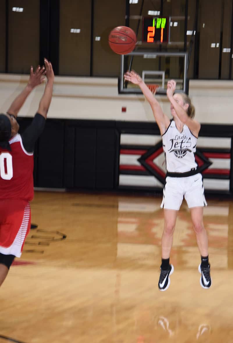 Anna McKendree, 14, returning sophomore guard from Flowery Branch, GA, did a good job of leading the Lady Jets in outside shooting against the Joint Base Landley-Eustis, VA team in a scrimmage recently.