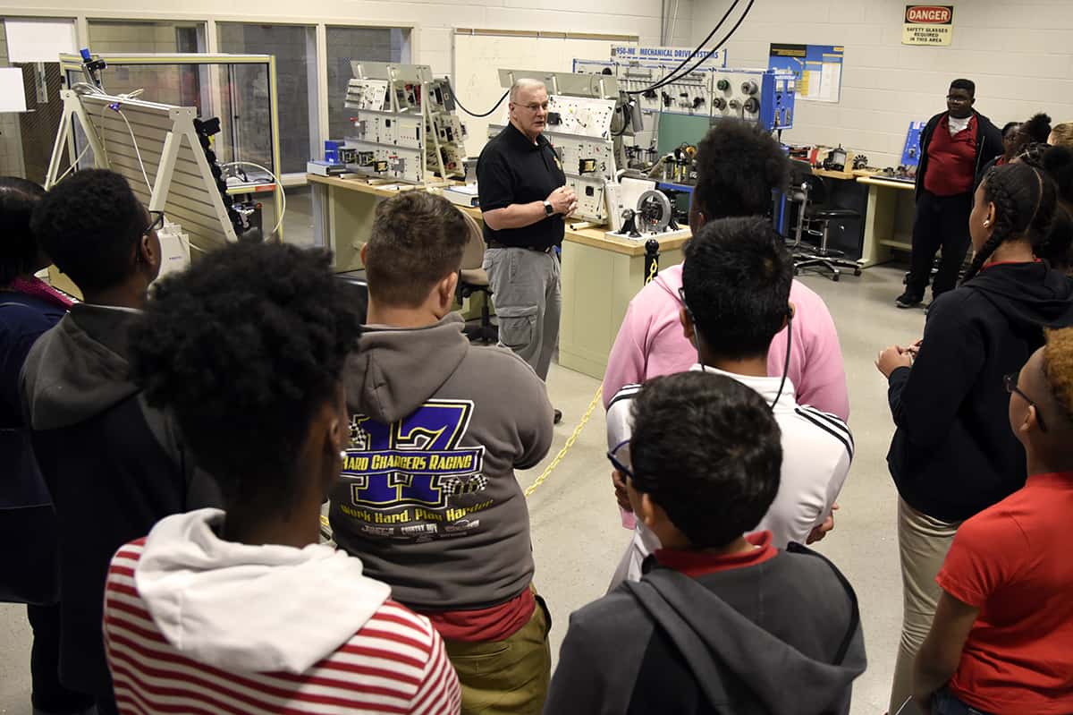 SGTC Industrial Maintenance Technology instructor Phil Deese guides students from Macon County on a tour of SGTC’s facilities.