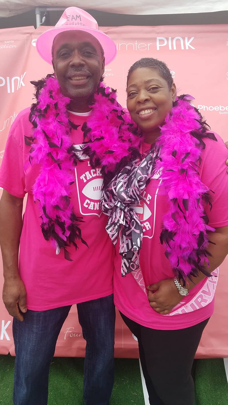 Charlette Pines, SGTC cosmetology instructor trainee and breast cancer survivor, is pictured here with her husband, James, at the Sumter Pink Walk.