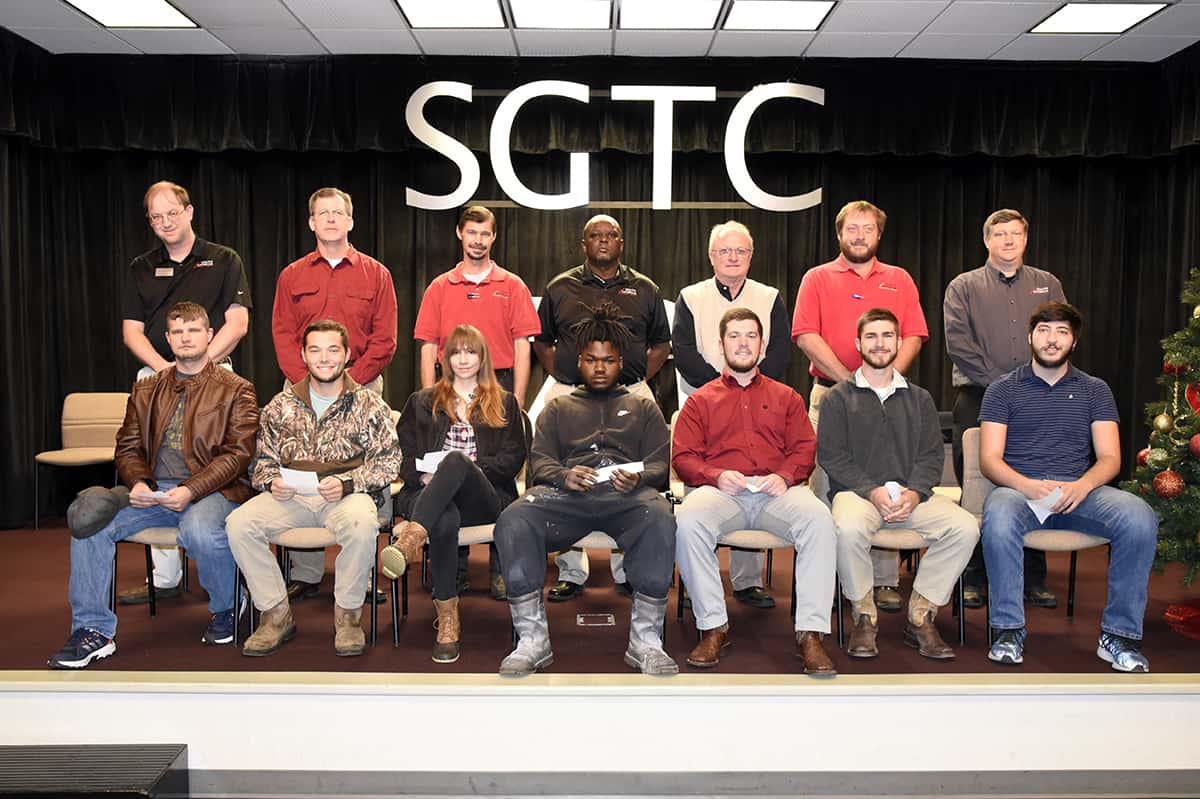 Pictured are the latest SGTC Student of the Month honorees. Seated from left to right are students James Griffin, Koby McClelland, Jordan Spires, Reginald Clyde, Ethan Lyle, Allan Sparling, and Brant Bell. Standing (l-r) are nominating instructors Jason Wisham, Paul Pearson, Brandon Dean, Starlyn Sampson, Charles Christmas, Chase Shannon, and Kevin Beaver.