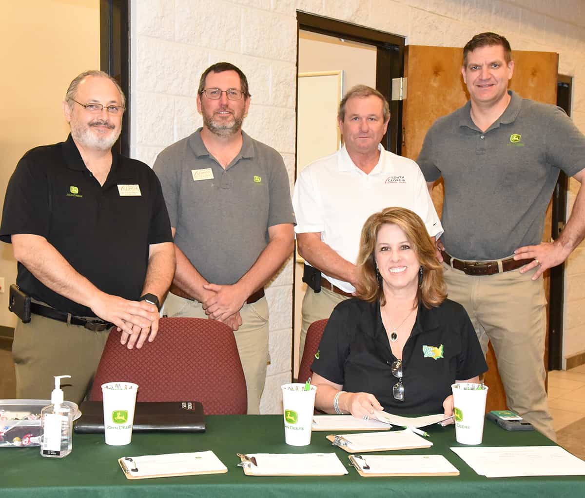 Shown above (l to r) are South Georgia Technical College Dean of Academic Affairs David Finley with John Deere Tech instructors Matthew Burks and Wayne Peck along with John Deere Territory Customer Support Manager South East Mississippi, South Alabma, and West Georgia for Flint Ag, Sun South, and Smith Tractor Dave Bostic and John Deere Corporate Recruitment Manager for Ag Pro Kim Walden.