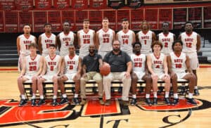 SGTC 2021 Jets.  Shown (l to r) standing are:  Justice Hayes (11), Jordan Stephens (15), Jalen Reynolds (3), Matija Milivojevic (25), Radim Havel (33), Nikola Sasaroga (14), Tabais Long (1), Dahl Fieg (2), and Keundre Campbell (12).  Seated (l to r) are:  Joshua Pain (20), Kalin Fonseca (5), Brandon Avant (0), Assistant Coach Jaren Harris, Interim Head coach Chris Ballauer, Kadeem Wilks (23), Will Johnston (4), and Marvin McGhee (10).