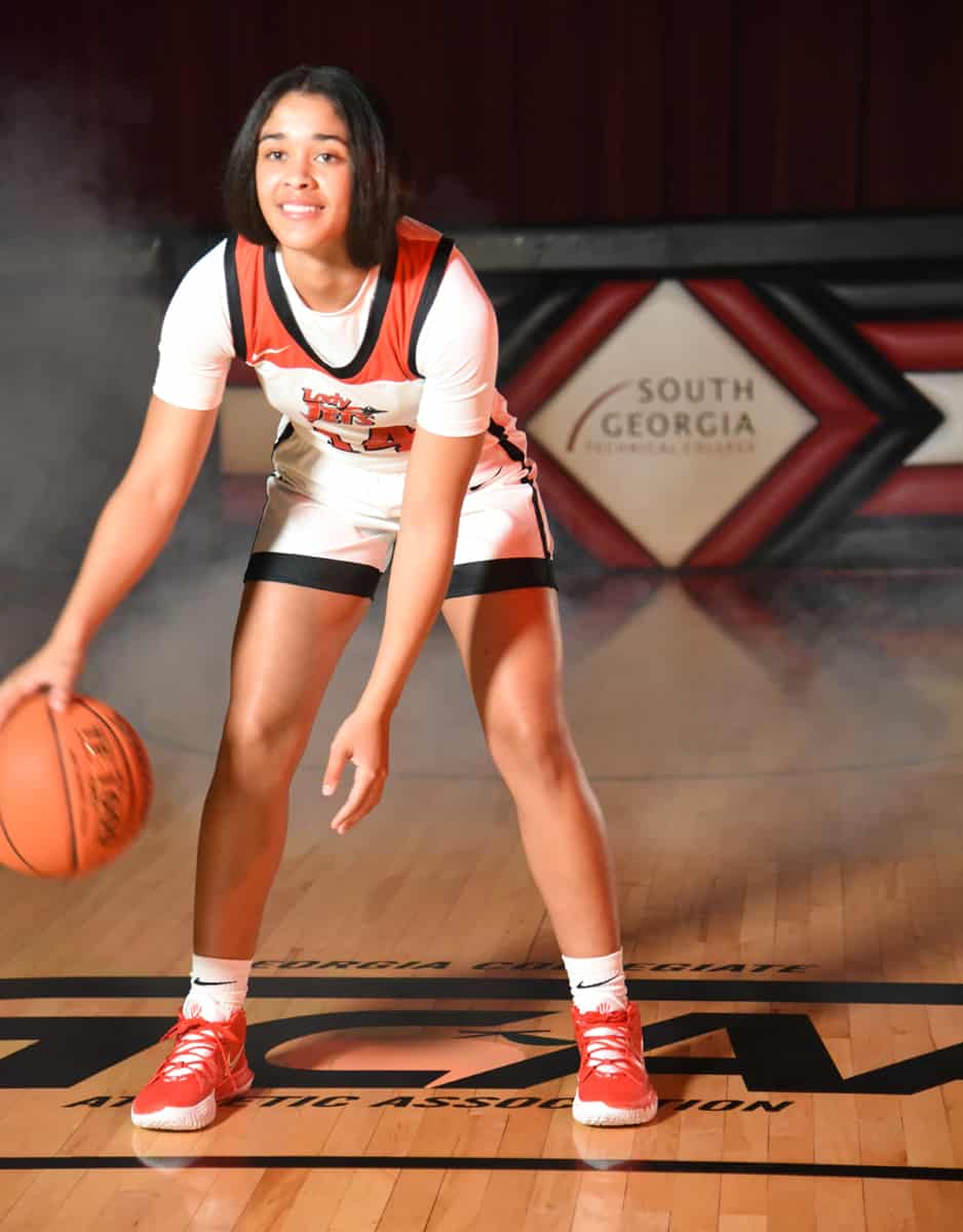 Freshman point guard Laurie Calixte, 14, came off the bench to lead the SGTC Lady Jets to a 73 – 65 conference win over East Georgia last week.