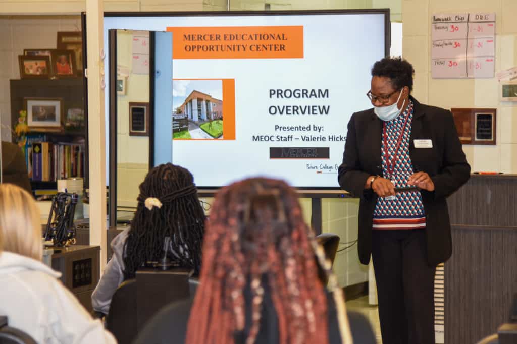 Mercer Educational Opportunity Center Academic Advisor Valerie Hicks addresses SGTC Cosmetology students at a recent workshop on personal financial literacy.