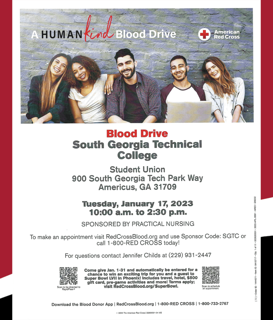 South Georgia Technical College in Americus will host a blood drive on January 17.