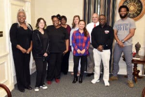 Pictured are members of the SGTC Cosmetology and Barbering advisory committee (l-r); Dorothea Lusane-McKenzie, Cosmetology instructor; Julissa Cortez, Cosmetology student; Kadarica Houston, Cosmetology instructor; Martha Bruce, KB’s Beauty Salon; Dawn Ammons, A Cut Above; Samantha Inthiraj-Ray, Sally’s Nails and Spa; Dr. David Finley, Academic Dean; Andre Robinson, Barbering Instructor; and Tredarrian Colbert; Barbering student.