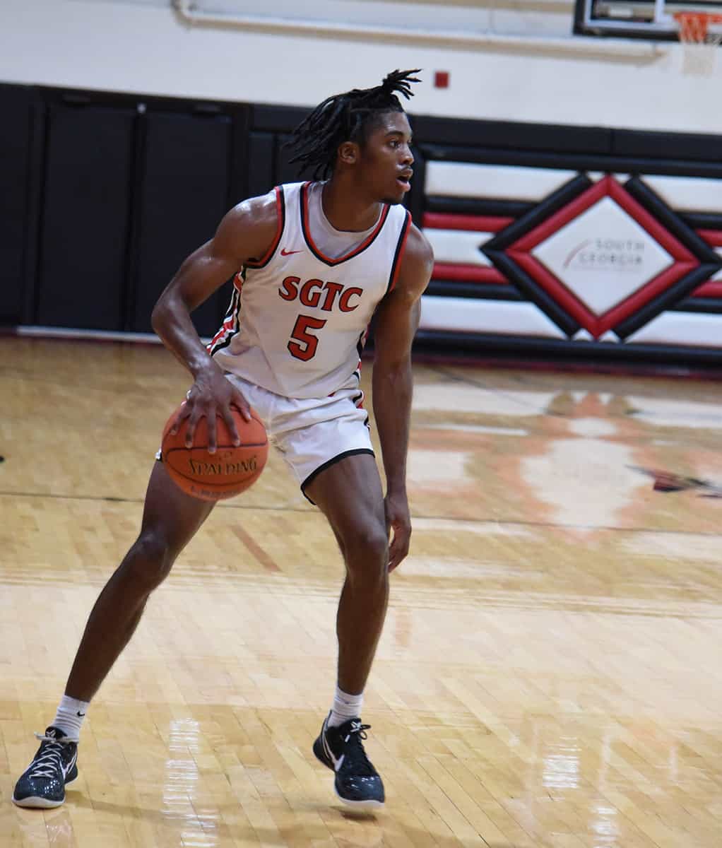 Camarion Johnson, 5, led the Jets in scoring with 20 points and also had nine rebounds in the win over Tallahassee Community College.