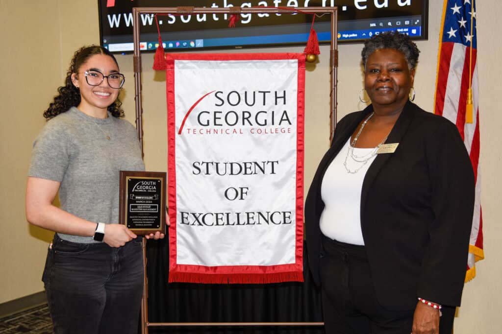 SGTC Student of Excellence winner Leah Nunley (left) with SGTC Marketing Management instructor Mary Cross.