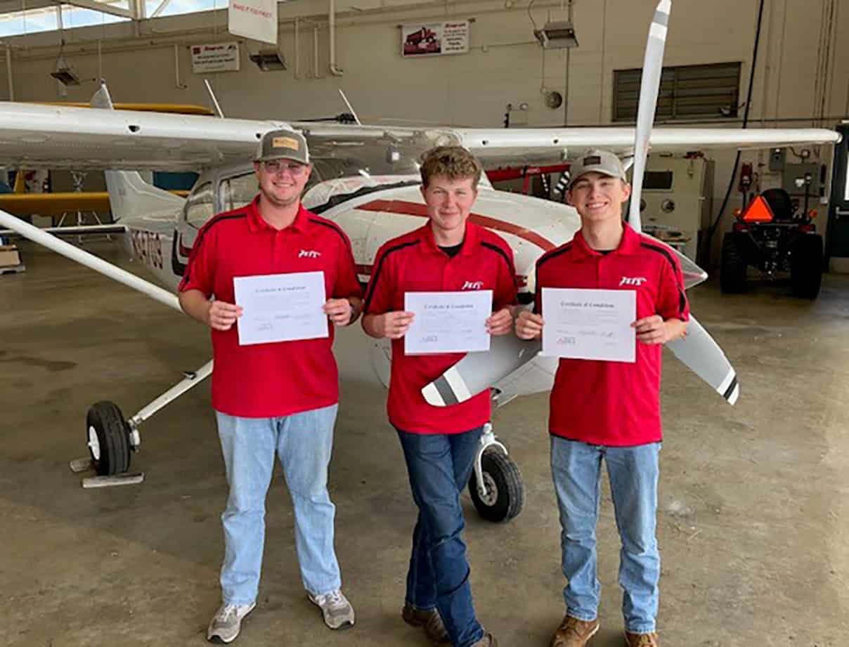 Aviation Maintenance Technology student’s Black Oliver, Trey Hightower and Brandon Elliott are shown above proudly displaying their FAA Airframe Certificates. They will be finishing their last classes soon and be eligible to take the Powerplant portion of the A & P certificate soon.