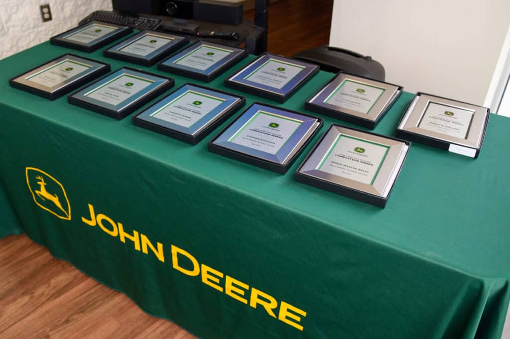 Plaques for graduates displayed on a table