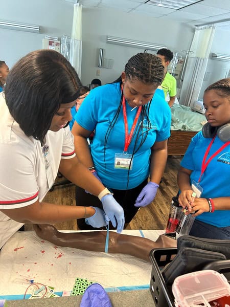 GTC Jet Set STEM campers were exposed to many different medical careers as part of the STEM camp experience. Students practiced taking blood pressure, monitoring heart beats, and had the opportunity to draw blood on the SGTC medical manikins and phlebotomy trainers. SGTC instructors and practical nursing students assisted.