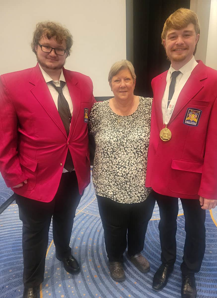 SGTC’s Blake Archer, who finished seventh in the nation in the Precision Machining and Manufacturing SkillsUSA competition, is shown above with SGTC SkillsUSA Advisor Brenda Butler Gilliam, and Andrew Daniel, who finished first in the nation in Aviation Maintenance. Both Archer and Daniel were recognized recently as the SkillsUSA-Aerotek NLSC 2024 “Make Your Mark Scholarship” winners.