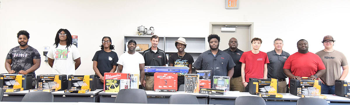 Shown above in the SGTC Automotive Technology classroom with their Erica Scannavino Tool Scholarships are: Automotive Technology students Jaquavius Howard of Americus, Uriah Scott of Conley, Verniecia Johnson of Cordele, Troyavian Smith of Montezuma, Automotive Technology Instructor Brandon Dean, and Jaylen Pasos of Columbus; Auto Collision and Repair student David Battle, Jr. of Port Wentworth, and his instructor Starlyn Sampson; Motorsports Technology students Adrian Barredo of Morrow, Instructor Kevin Beaver and Karl Wiggins, III of Albany. Automotive Technology student Seth Thomas of Leesburg is also shown.