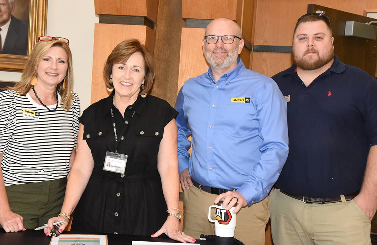 Sonya Shearer of CAT Thompson Tractor is shown above with SGTC Partnership Coordinator Tami Blount and Brad Manis of Stowers CAT and Rance Pross, an instructor in the SGTC Heavy Equipment Dealers Service Technology program.