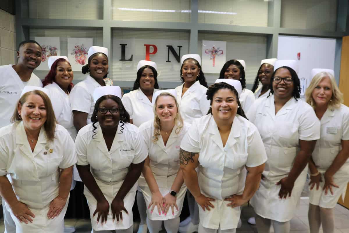 SGTC’s Crisp County Center recently held a pinning ceremony for graduates of the practical nursing program. Pictured are (front row L-R) instructor Brandy Nipper, Kendra Singleton, Holly Dominey, Lola Peacock, Quandra Dawson, instructor Brandie Chappell, (back row L-R) Jordan Cochran, Nikitta Walters, Chrishanda Vail, Brittany White, D’Eria Morgan, Ja’Carla Polite, and Akybia Freeman. Photo courtesy of Jessica Carmichael.