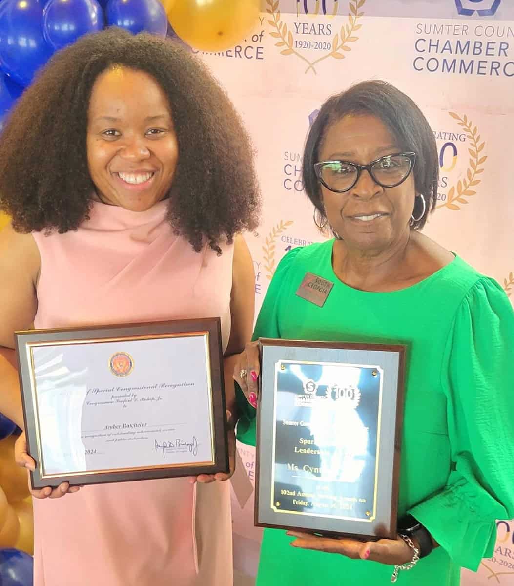 Sumter County Chamber Executive Amber Batchelor is shown above with SGTC Director of Career Services Cynthia Carter who was presented with the Sparky Reeves Sumter Trustee Award at the Sumter County Chamber of Commerce annual awards celebration.