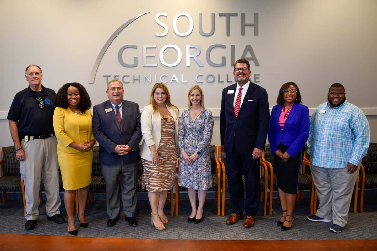 Americus Police Chief Mark Scott, Chamber of Commerce Executive Director Amber Batchelor, SGTC Economic Development Director Paul Farr, U.S. Senator Jon Ossoff’s Senior Legislative representative Alyse Wolf and Samantha Lucas, are shown above with SGTC President Dr. John Watford, Carla Hawkins, Interim CEO for Sumter County Chamber, and Quaijuan Willis, Director of the Americus Downtown Development Authority.