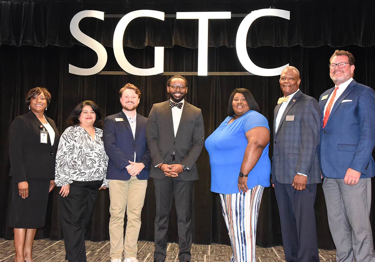 Pictured (l-r) are Dr. Deo Cochran, Sandhya Muljibhai, Tylen Pepito, Justin Wells, Eulish Kinchens, Rev. Michael Coley, and Dr. John Watford at the recent meet and greet event for first-generation college students at South Georgia Technical College in Americus.