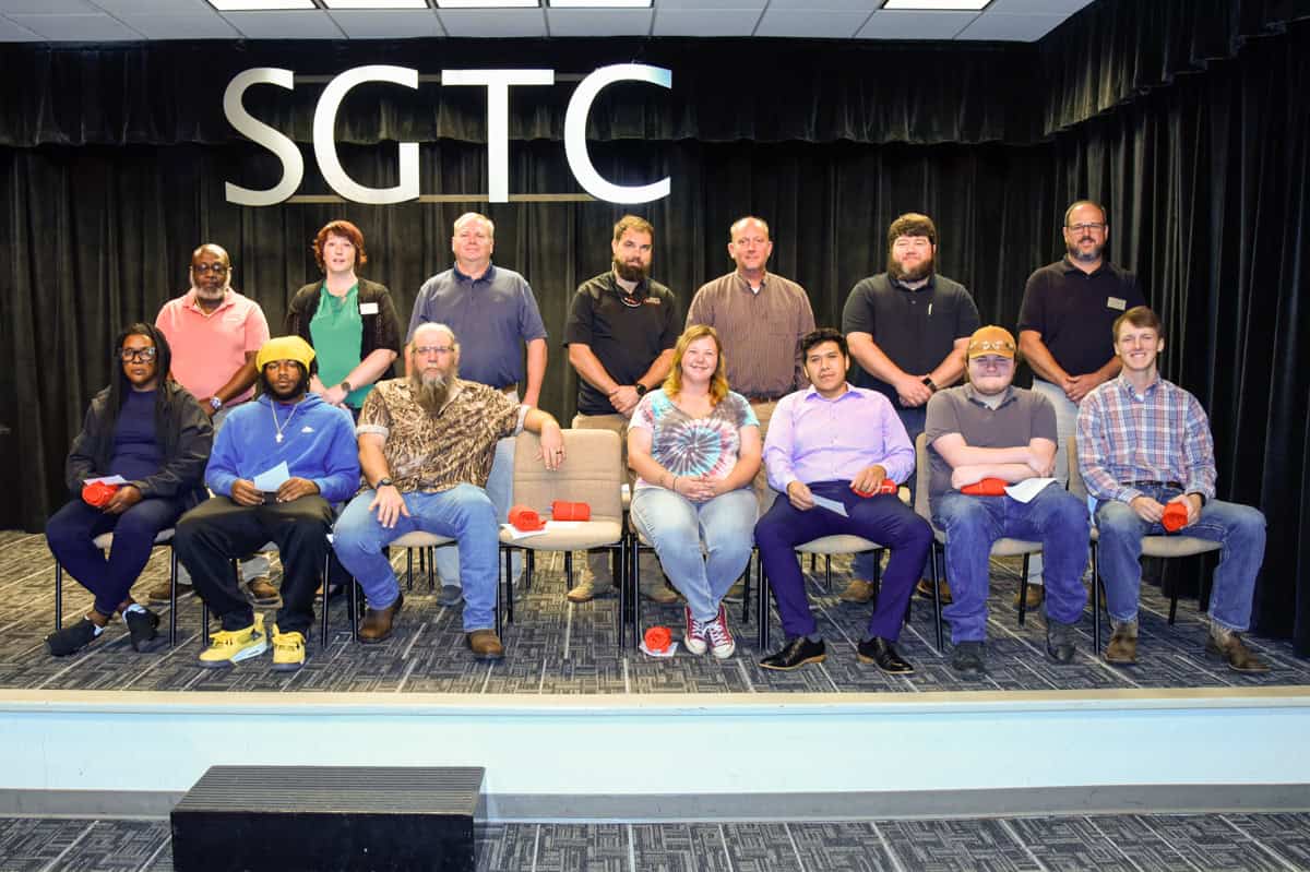 Nominees for SGTC’s Student of Excellence Award for September were (front row, L-R) Debra Merrell, Henry Johnson, Lance Cornell, Cassandra Williams, Michael Mendez-Hernandez, Jordan Hayes, and Robert Nesselrotte. Not pictured is nominee Te’ahja Hardwick. Back row (l-r) are nominating instructors Johnny Griffin, Kristie Hudson, Mike Collins, Brandon Gross, Patrick Owen, Jake Pittman, and Ted Eschmann.