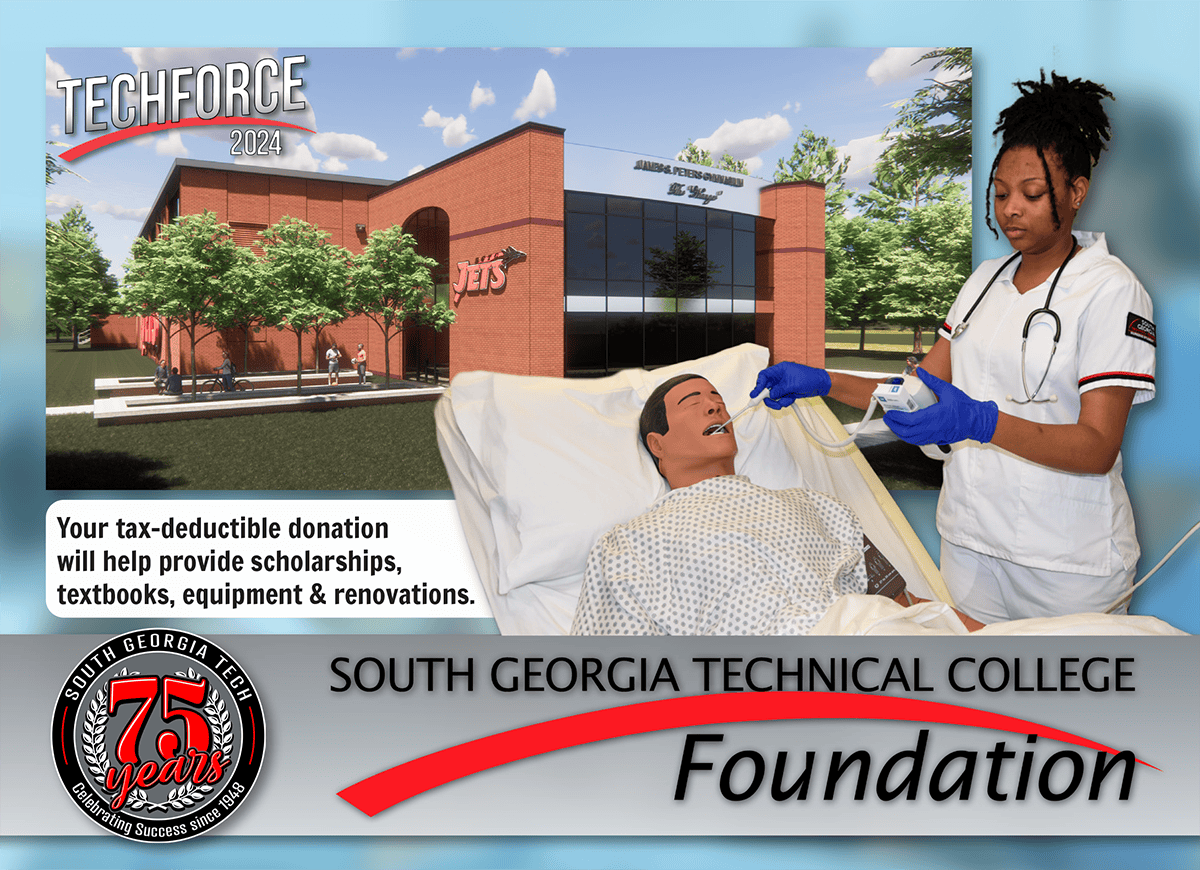 Shown above is the TechForce 2024 postcard design with the Foundation’s “Bridging the Gap @ South Georgia Technical College” theme.