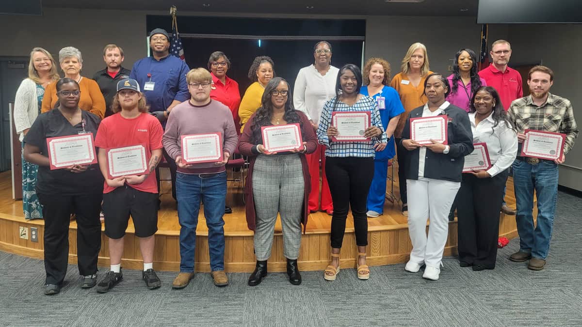 Pictured on the front row (l-r) are SGTC Crisp County Center Student of Excellence nominees Demecia Allen, Logan Boyd, Justin Harris, Shemara Fields, Adasia Lee, Joyce Phillips, Tawanna Williams, and Miles Jacobs. Back row (l-r) are instructors Wendy Prince, Carol Cowan, Jeff Sheppard, Johnny Davis, Tammy Hamilton, Nicole Turner, Wanda Bishop, Brandy Patrick, Brandie Chappell, Cambrette Hudson, and Brad Aldridge.