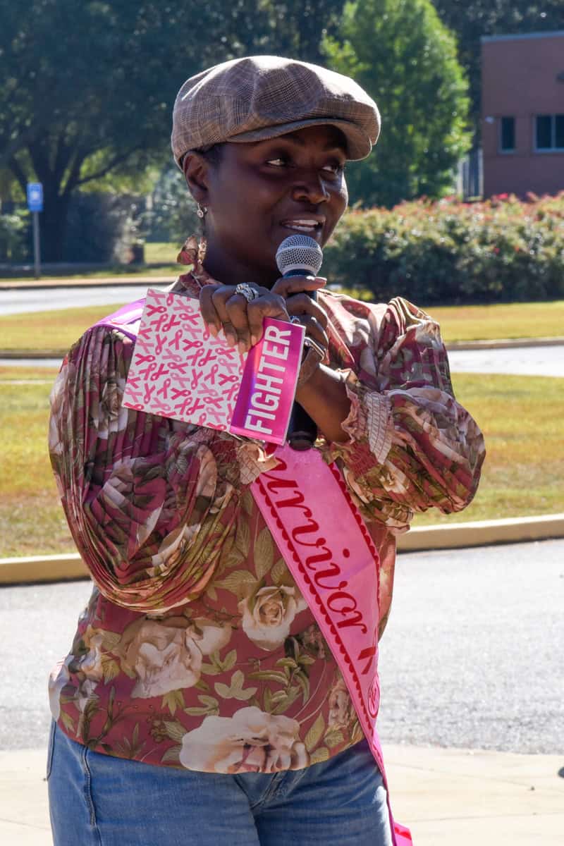 SGTC alumna and breast cancer survivor Donza Foster spoke recently to a crowd of SGTC students, faculty and staff at he college’s annual Breast Cancer Awareness Day event.