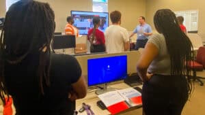 SGTC Assistant Vice President of Student Affairs Josh Curtin (facing forward) leads students in a workshop on using the Focus2 Career education and career planning platform.