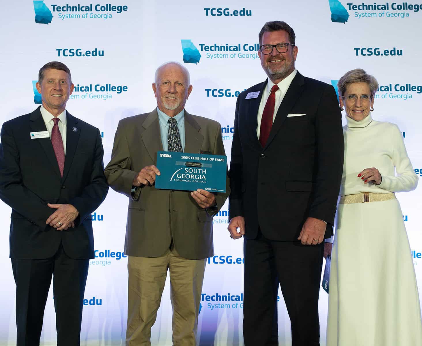 Technical College System of Georgia Commissioner Greg Dozier is shown above with SGTC Board of Directors Chairman Jake Everett, SGTC President Dr. John Watford and Adie Shimandle, TCDA Director.