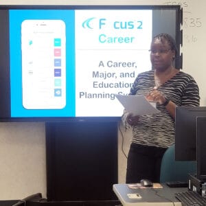 Charlene Williams, SGTC Retention and Coaching Specialist & Testing Coordinator, leads a workshop on the Focus2 Career system for career planning at the college’s Crisp County Center in Cordele.