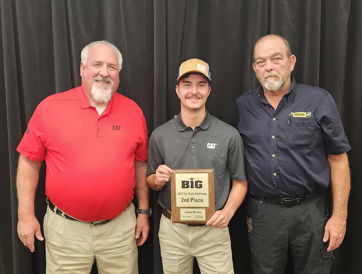 Joshua McCann is shown above with SGTC Heavy Equipment Dealer Service Technology Instructor Don Rountree and McCann’s mentor Morris Freeman from the Yancey Bros. Brunswick, GA location.