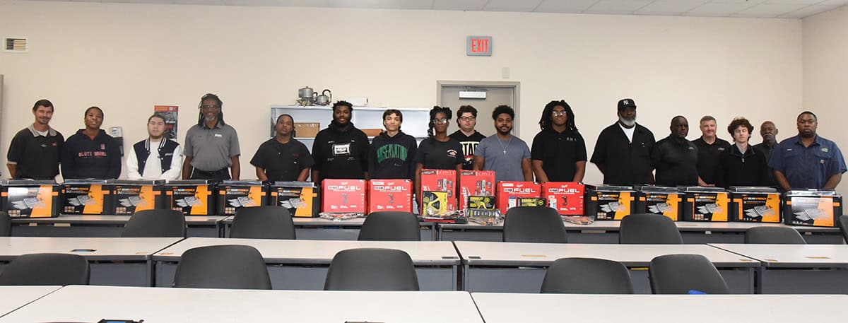 Shown above in the SGTC Automotive Technology classroom with their Erica Scannavino Tool Scholarships are: Automotive Technology Instructor Brandon Dean, student Gabreille Wade, Jonathan Soper, Douglas Jones, Dominique Dillard, Kevinontae McKenzie, Adrian Barredo, Verniecia Johnson, Seth Thomas, Jaquavius Howard, Uriah Scott, Tracy Lamar, Auto Collision Instructor Starlyn Sampson, Donovan Robertson, Motorsports Instructor Kevin Beaver, Kevin Ray, Automotive Instructor Carey Mahone, and Corey Fulks. Not shown are: Greg Hester, and Anthony Foster.