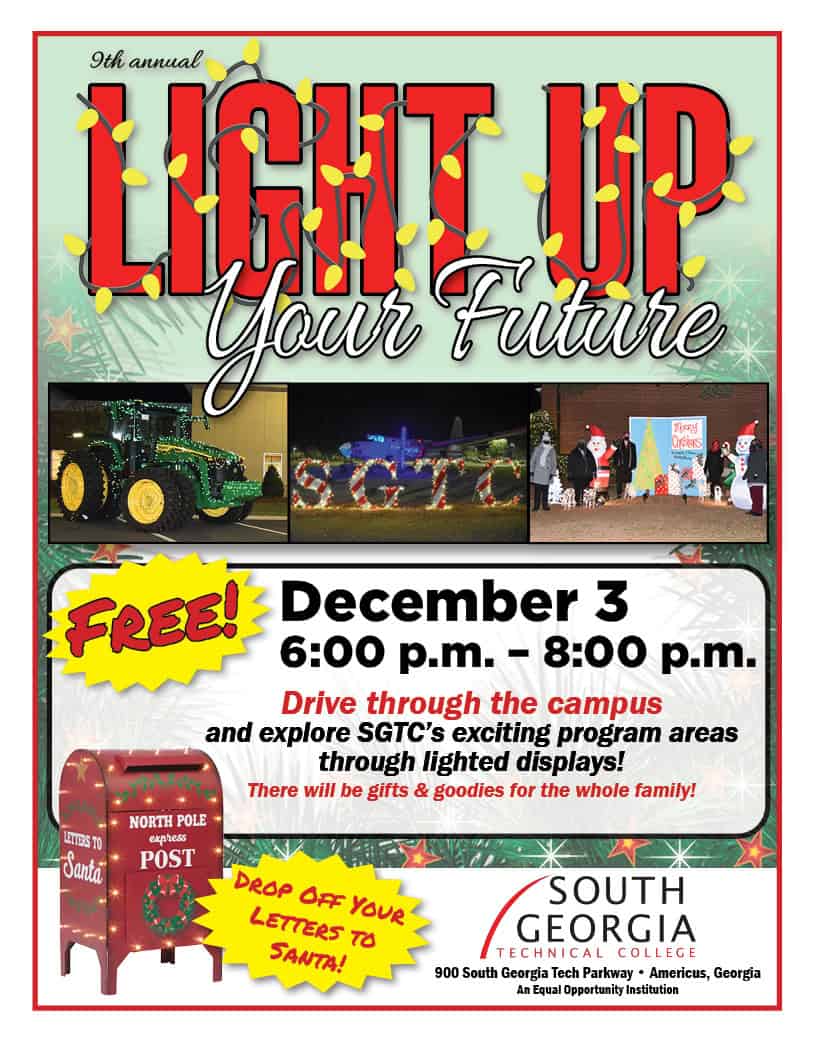 Everyone is invited to the FREE 9th annual “Light Up Your Future” Event at South Georgia Technical College on Tuesday, December 3rd from 6 p.m. to 8 p.m.