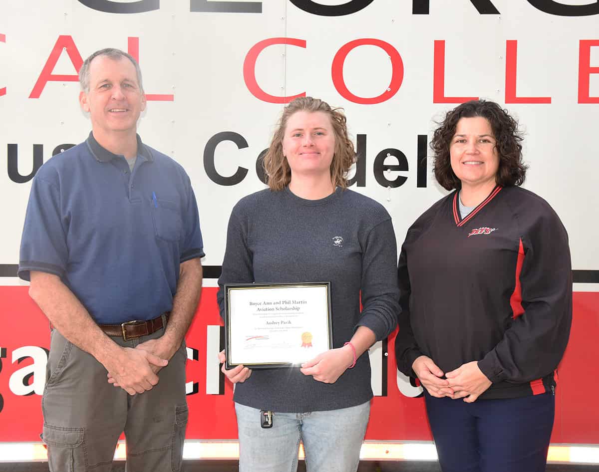 South Georgia Technical College Aviation Maintenance Instructor Paul Pearson is shown above with the SGTC Foundation’s Royce Ann and Phil Martin Aviation Maintenance Scholarship recipient Audrey Pavik, and SGTC Aviation Maintenance Lead Instructor and Alumna Victoria Herron.