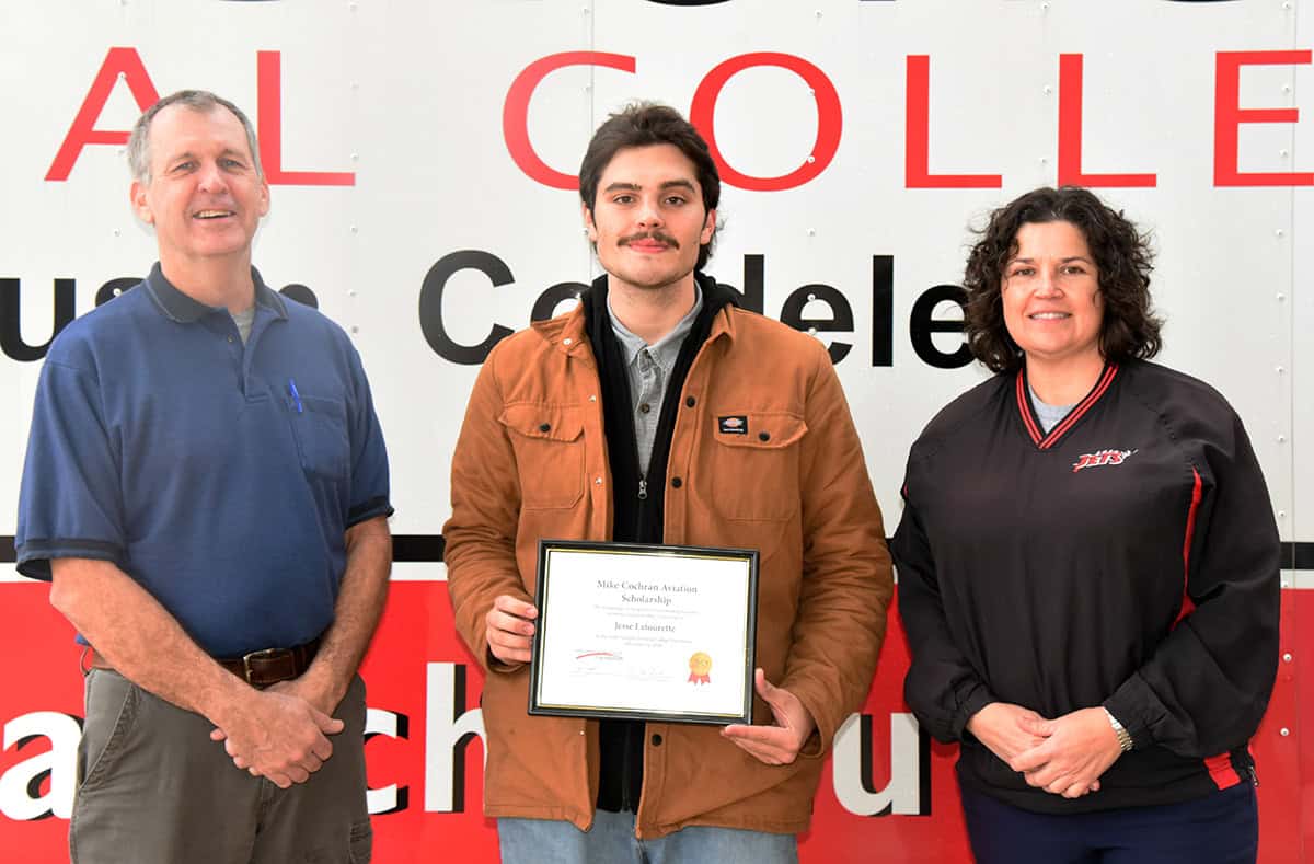 South Georgia Technical College Aviation Maintenance Instructor Paul Pearson is shown above with the SGTC Foundation’s Mike Cochran Aviation Maintenance Scholarship recipient Jesse Latourette and SGTC Lead Aviation Maintenance Instructor Victoria Herron.