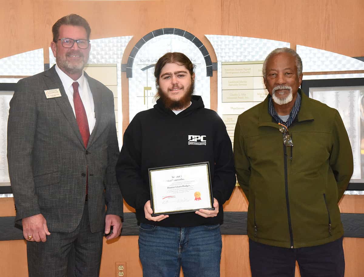 Shown above (l to r) on the front row are SGTC President Dr. John Watford with the SGTC Foundation Sumter Electric Foundation’s Electrical Lineworker Scholarship recipient, Hunter Hodges, and SGTC Lineworker Instructor Sidney Johnson.